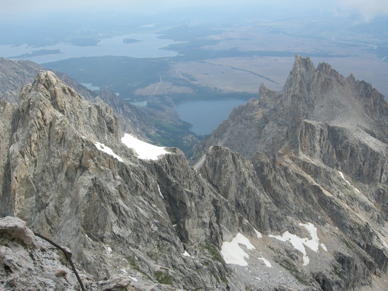 Looking at our progress thus far. The ridge between Owen and Teewinot is rather time consuming, unless your very familiar with the route and jogging it! Pic taken from atop the chimney pitches on the N. face of the Grand.