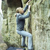 Melissa working a VB traverse, in late November 2009, along the bottom of the smack crack routes.  A fun little warm-up if you do it as a sit start.