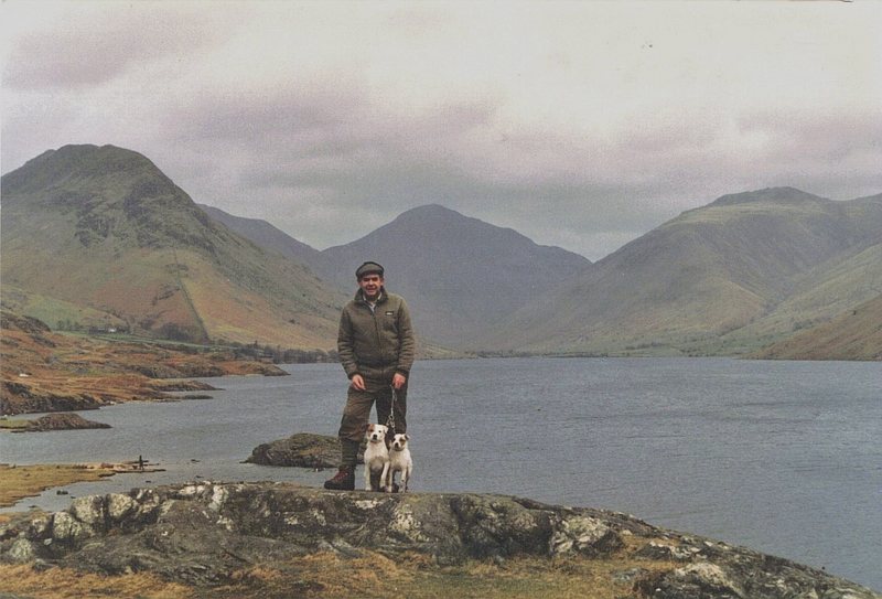 Looking up the Wasdale Valley viewed across Wasdale Lake with the mountain Great Gable (Napes Needle area) at the head of the valley..... Pete Greenwood one of the greatest all time Lake District rock climbers hanging onto Crufts BOB winner Blencathra Badger and his sister Nettle !!