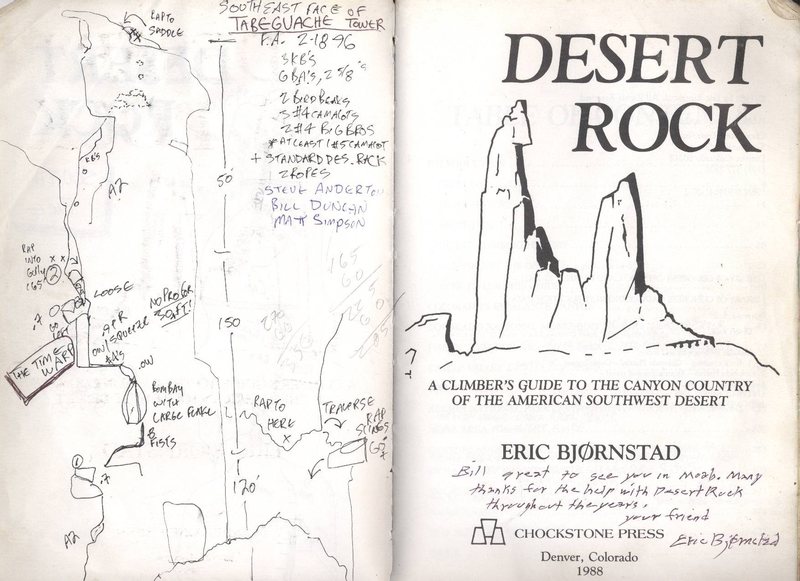 The first topo of Tabeguache.  I used to draw them into the blank pages of the first Desert Rock guide.  Note from Eric written on the title page.
