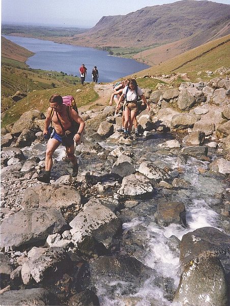 Hiking up from Wasdale to the Scawfell climbs. Wasdale Lake below