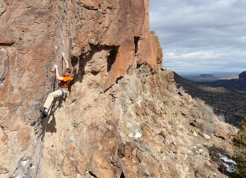 Moving through the crux of the route on a just-warm-enough December day. Photo by Allison Fritz.