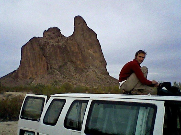 Courthouse looms in the background. Kevin getting set.