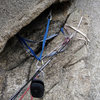 This is the slung-detached-block + rattly BD#4 + manky fixed nut "new belay".<br>
Don't stop either, run that fucker in one pitch.