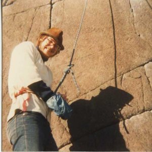 Your humble correspondent in the late 1970's at the base of "Number 6 Direct" - That name sounds so much better than "The Bulge"<br>
I still have that rope - lost the "Hat of Jackness" 