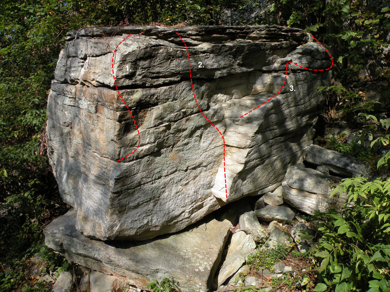 The Green Arete Boulder in the Kama Sutra Area: 1. You're Not Good Enough (V2), 2. Green Dihedral (V0), 3. Makin' the Best of a Bad Thing (V0)