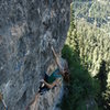 Page gazing up at the nice, long face that finishes the 5.12c. Route is, Out of Sight