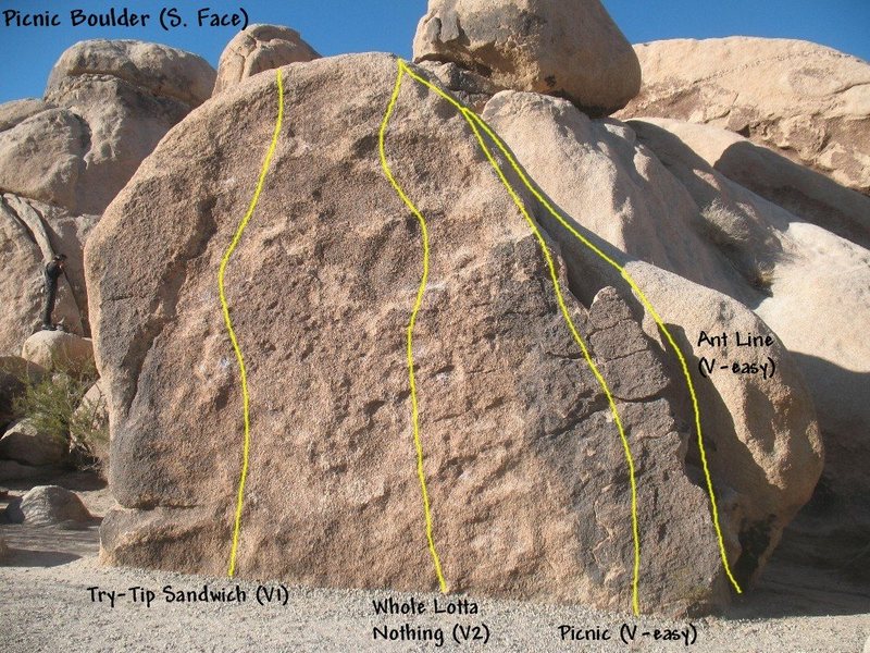 Photo/topo for the Picnic Boulder (South Face), Joshua Tree NP