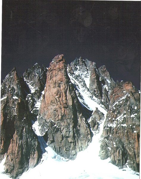 The spectacular Grand Capucin. A perfect 1500' granite face in the Vallee Blanc. In 1959 Bill Aughton and I climbed the Bonatti route with one very pleasant Bivouac. There are now other climbs on the face ,some are among the hardest free climbs in the Chamonix area.