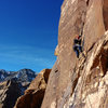 Launching up into the crack and corner of pitch 8 (SuperTopo). December 31, 2009. 