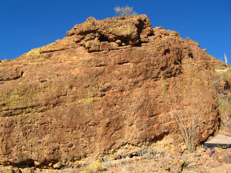 Monkey Butt South Face. The boulder adjacent to Monkey Skull. Ocotillo Enema starts at pad visible in pic.