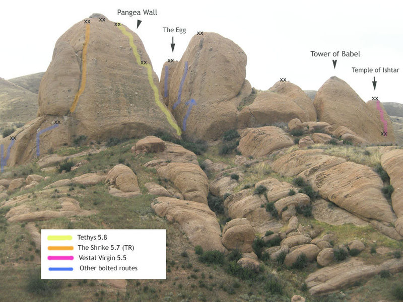 North facing walls of the main formation. XX mark belay anchors. A sample of some routes shown. The Pangea wall is well set up for top rope adventures.