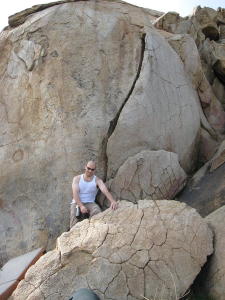 Matt, at the base of Bootleg Crack, mere minutes after falling from just below the broken block near the top, mostly unscathed.