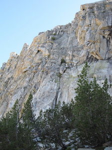 The route begins in the center of the photo at the base of the nice white slab to the left of the obvious chimney (the chimney is directly below a big tree at mid-height on the cliff).  The belay ledge at the top of the first pitch is just to the left of the obvious/biggest tree in the center of the photo.