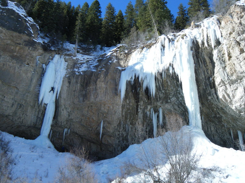 Photo of amphitheatre containing Stone Free and The Ice Palace. Climber, Chris Gebhart.