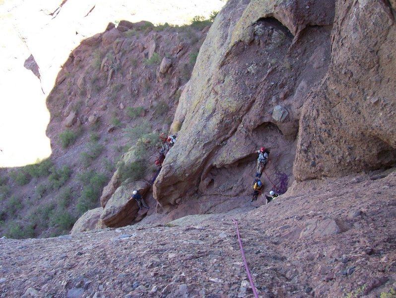 View from top of P4.  People seen on the left are on top or P2, people on the right on top of P3.  The guy in the red helmet (P3 top) is 5 feet from the bee hive.