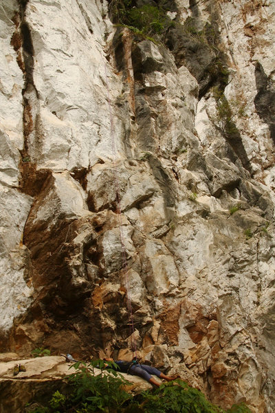 My belayer, dead tired at the base of Wangoet Wong.