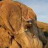 Tim about to start the crux on Peppertree Left, V0