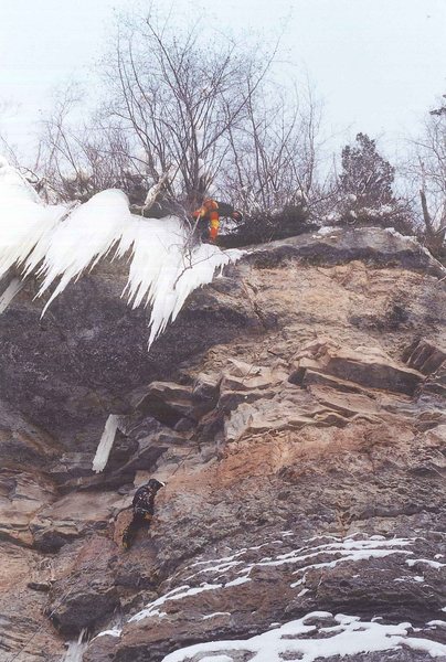 BG belaying in willows as hard-man, top-secret climbing guru, Scott Astaldi cleans up. Dec, 2001.