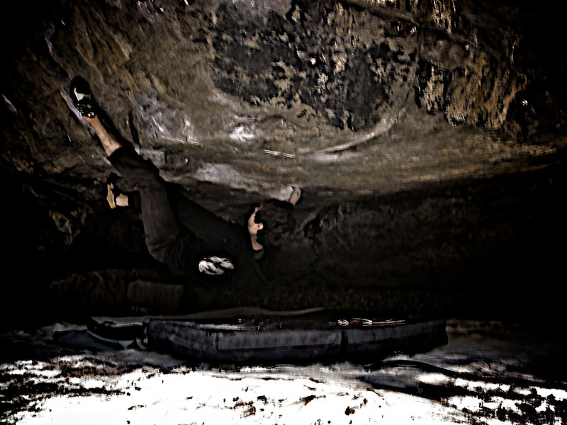 Jason Baker working "Formula 50 (V10/11)" at the "New River Wall", Clear Creek Canyon, Colorado.<br>
<br>
Photo by:  Luke Childers.