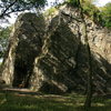 The Gellet SE corner and east face.  The yellow bag below the block is about 2 feet tall for scale.