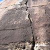 Crack on a block in a corridor between two blocks. Probably about V0. Looks like 30ft in the picture, but really only about 10ft. Several similar cracks exist on the same block.