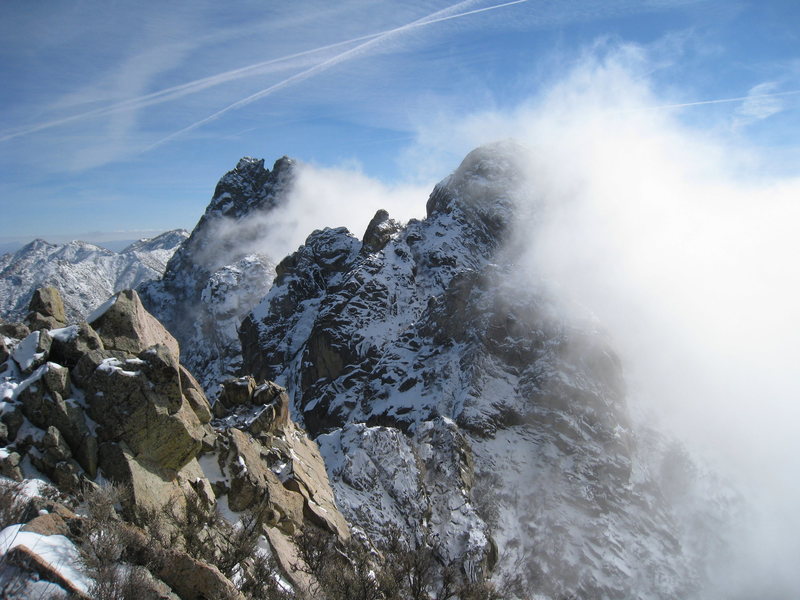 Little Square Top (left), The Wedge, and Third Peak (down low in front of The Wedge) as seen from the summit of Dingleberry on January 30, 2010.