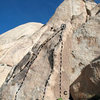 Photo/topo for Eileen Spire, Joshua Tree NP<br>
<br>
A. Eileen Left (5.8 TR)<br>
B. Eileen (5.7)<br>
C. Eileen Right (5.10b TR)