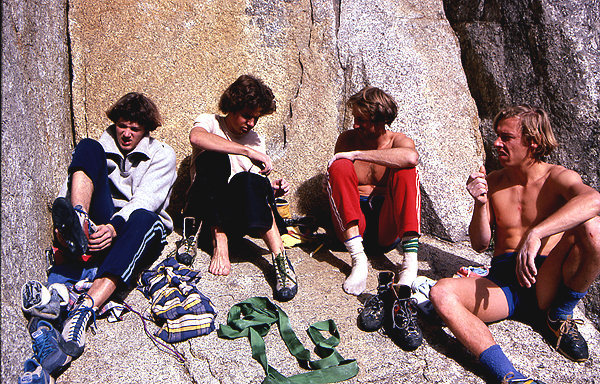 Climbing in the 80s.<br>
Left to right: Yabo, Peter Mayfield, Werner Braun and Dave Yerian.