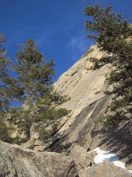The NW Slabs.  Just visible behind a branch of the tree on the right side of the photo, in the upper portion of the frame, is the Yellow Dihedral rising off the left side of Cow Pie Ledge, and on the left side is the cairn marking the base of the slabs.  Several routes ascend the clean face in the center of the photo.