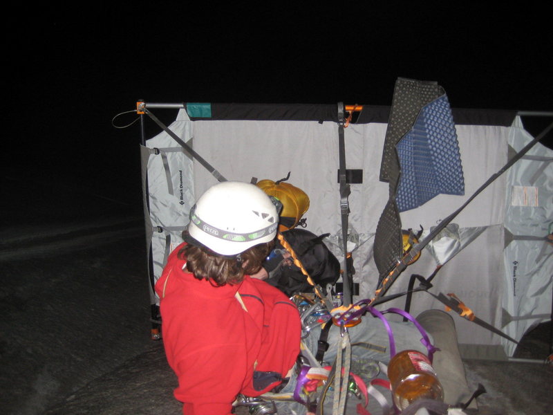 Setting up the portaledge on our second night. We were under the Mark of Zorro roof and didn't need the rainfly.