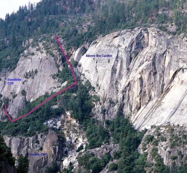 Approach photo from Clint Cummings Yosemite web sight: http://home.comcast.net/~e.hartouni/img/Sunshine_Cliff.jpg