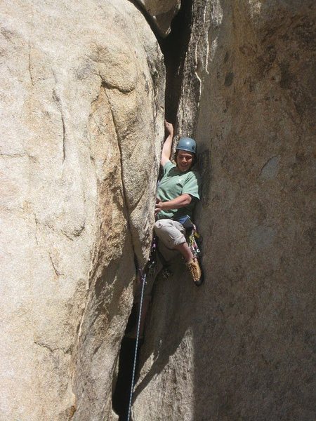 Roman having fun with the start of the flake - The crux for sure.  A real Yosemite 5.8 chimney.