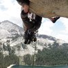 Scott seconding the hoodwink roof from the belay directly under.