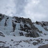 Main Falls showing (from left to right): (1) Spiral Staircase (far left); (2) Center Flow left (Main Line); (3) unnamed? (the fattest flow); (4) Cave Man; and (5) Chouinards Wall (fat short flow on the far right).