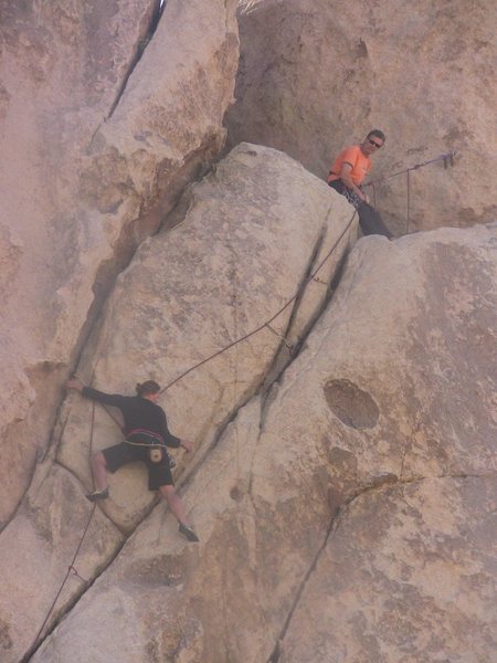 Parker at the way fun 2nd crux. The big dark spot up on the right is a pocket which plays a key role in the forthcoming sequence.