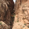 Looking back down the rubble-filled gully.  The short rib that needs to be climbed is visible coming out of the gully on the left.