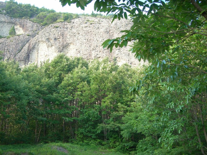 The crag comes into view from the approach.