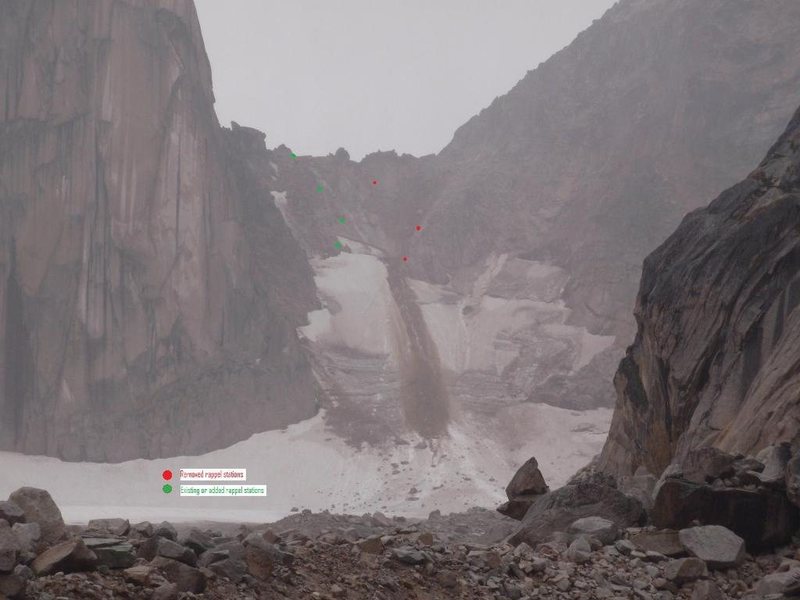 Copied from MCR Reports (Association of Canadian Mountain Guides)<br>
<br>
http://acmg.ca/mcr/archives.asp <br>
<br>
The following is a report from Tay Hanson, Senior Park Ranger for BC Parks.  A major rockfall event occured yesterday that originated from above the climber's right side of the col.  Coincidently, the old raps stations on that side of the col had been removed the previous day because of rockfall concerns.  Also note that a new toilet was installed at Applebee to relieve the morning line-ups!<br>
 <br>
Rain initiated rock and mud slide on 090711 at approx 0900 hrs.<br>
 <br>
All rappel stations have been removed from the climbers right hand side of the col. This rap route was established during a time when snow and ice covered the scree slope but currently presents an unacceptable rock fall hazard to climbers lower on the col. <br>
 <br>
Two chain stations have been added to the rap route on climbers left allowing for 3-4 30m rappels over the bergschrund, or more safely, 1 double rope rappel to below the rock island and then another to well below the bergschrund.<br>
 <br>
As you can see, the col is in disastrous condition and is best avoided.<br>
 <br>
Also included is a pic of Applebees new rock toilet.<br>
 <br>
Jeff Volp<br>
ACMG/BC Parks<br>
<br>
