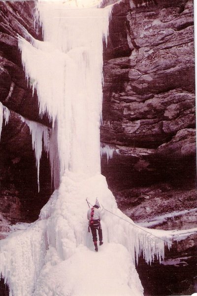 One of the 'test' climbs done in St. Louis canyon at Starved Rock, back in Feb.1980 to convince park officials that our sport is a renewable self healing ice event with no ecological damage.  Climber is Paul Schwartz or John Gorby but not sure which after all these years. 