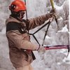 Check it out. Using a long 85cm. hiking ax as hand tool. The 'state of the art' tool of the day; a 65 cm.'terrordactyl' is the other one.  I couldn't afford the ultimate tool, a Lowe Hummingbird.  Tied to harness on long runners, before real leashes were 'en vogue for ice tools. Slick wool gloves against no-grip tools with no talons to hang on leashlessly.  Cheap SMC hinged crampons complete the costume folks. But we managed.