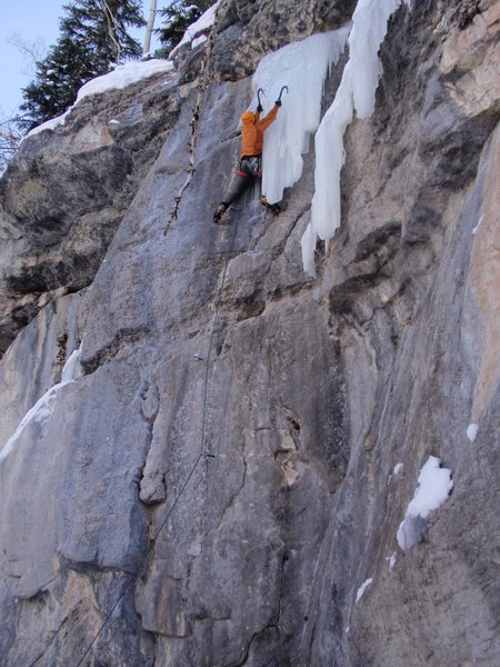 Pulling the final moves onto the short but steep ice.