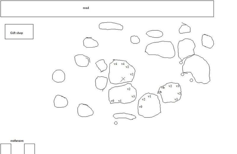 rough topo with rough grade suggestions. smaller boulders may be missing or inaccurate, routes on these are V0 or less, but some are fun