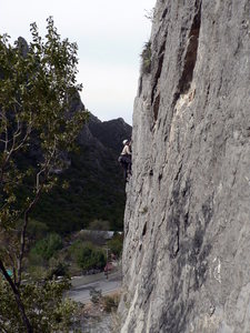Heading up the route to access the dihedral of Pepe y Lupe. December 2007.
