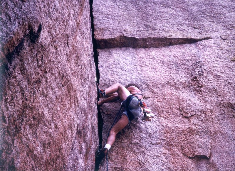 Fear if Flying, FA James Crump, 5.10 R, 1977, Enchanted Rock, Texas, Photo Jeff Gilkey, James Crump Collection.