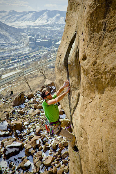 Brett Merlin on Bone Crusher, 5.12+.