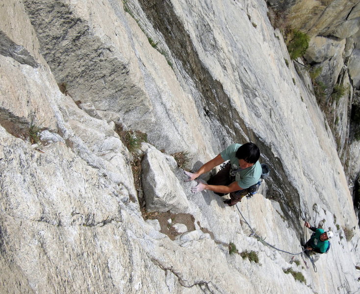 Cool guys from LA cruising the start of P5.  Notice the line of water on climbers' right - not a great early spring route.