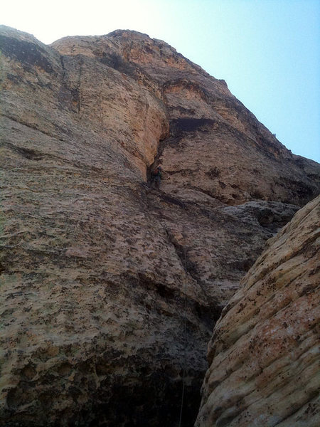 I did not get a decent shot of the start. These images are from a phone and I was belaying. <br>
Start of pitch 2, there is a giant chasm below the belay that you have to step over, airy!