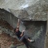 Aaron Parlier with the second ascent of "Thews" (V-5) the thews boulder, GHSP.