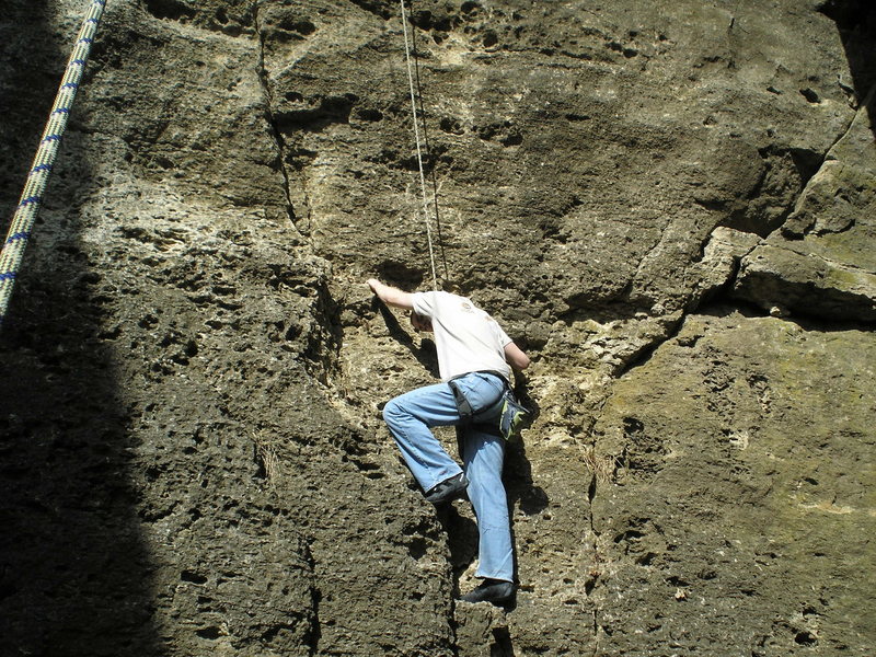 at a rest spot on double overhang at the Mississippi palisades